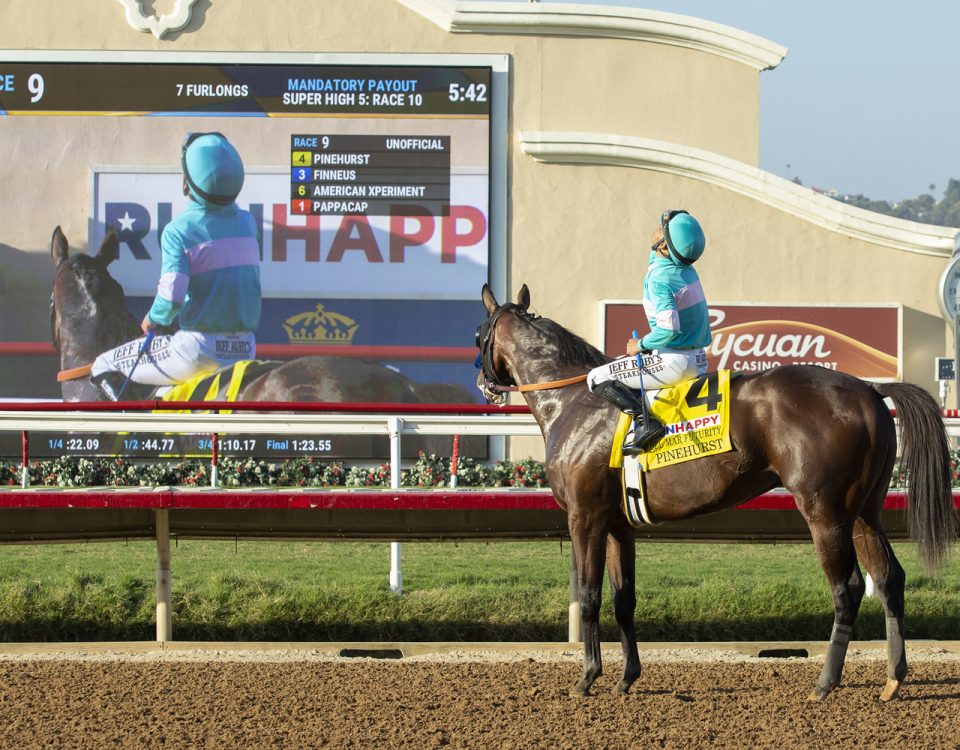 Jockey Mike Smith guides Pinehurst to the winner's circle after their victory in the Grade I, 300,000 Runhappy Del Mar Futurity, Monday, September 6, 2021 at Del Mar Thoroughbred Club, Del Mar CA. © BENOIT PHOTO