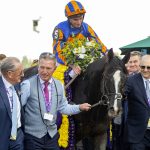 Auguste Rodin and jockey Ryan Moore win the Grade I $4,000,000 Longines Breeders' Cup Turf G1, 2023 at Santa Anita. Benoit Photo.